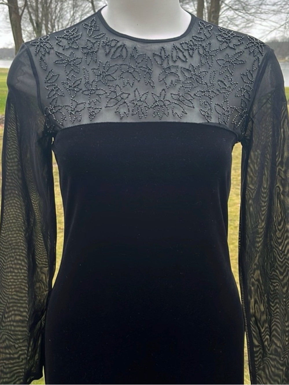Vintage 90s JR Nites by Caliendo Black Sheer Yoke Beaded Long Sleeve Dress